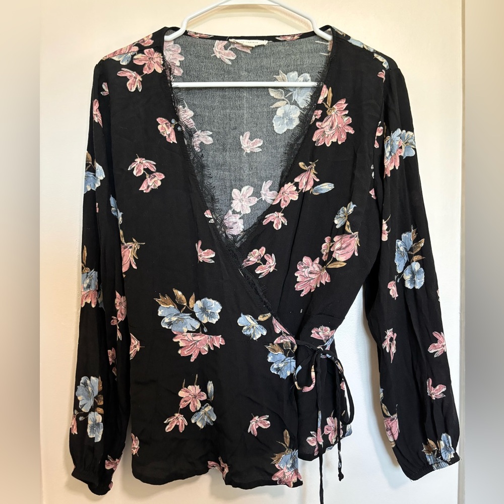 SPRINGFIELD true wrap floral print v-neck, lace trim blouse Size M Euro 42